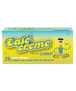 Whip-it Cafe Creme Cream Chargers in vibrant yellow retro packaging